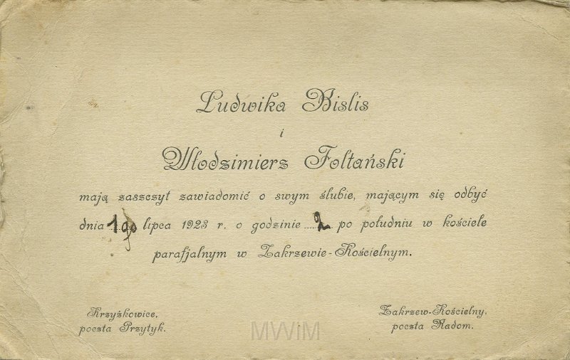 KKE 5519.jpg - Dok. Zaproszenie ślubne. Zaproszenie na ślub Ludwiki Kislis i Włodzimierza Foltańskiego, Zakrzew-Kościelny, 1923 r.
